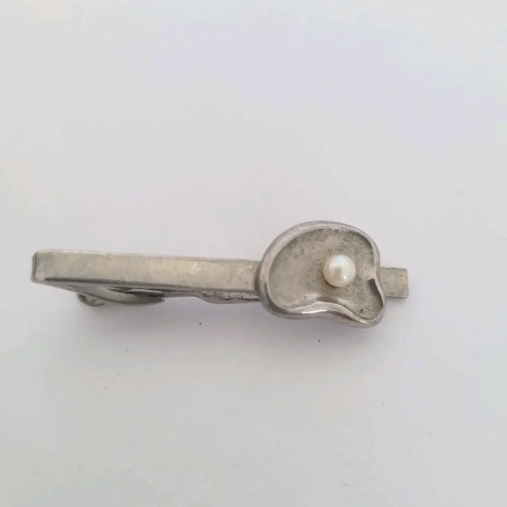 German Silver Tone Tie Bar Clip‎ Stick Clasp Pearl Unbranded Vintage